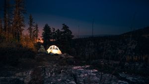 Preview wallpaper tent, starry sky, night, camping, trees