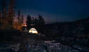 Preview wallpaper tent, starry sky, night, camping, trees