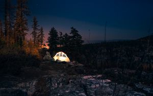 Preview wallpaper tent, starry sky, night, camping, trees