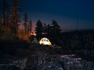 Preview wallpaper tent, starry sky, night, camping, trees