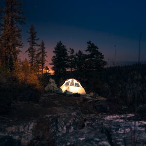 Preview wallpaper tent, starry sky, night, camping, trees