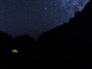 Preview wallpaper tent, starry sky, night, camping, dark, darkness