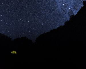 Preview wallpaper tent, starry sky, night, camping, dark, darkness