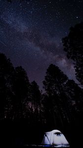 Preview wallpaper tent, starry sky, trees, night, camping