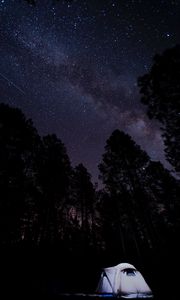 Preview wallpaper tent, starry sky, trees, night, camping