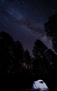 Preview wallpaper tent, starry sky, trees, night, camping