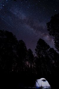 Preview wallpaper tent, starry sky, trees, night, camping