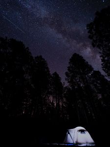 Preview wallpaper tent, starry sky, trees, night, camping