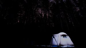 Preview wallpaper tent, starry sky, trees, night, camping