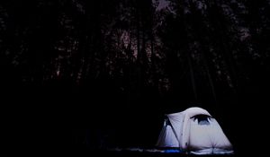 Preview wallpaper tent, starry sky, trees, night, camping