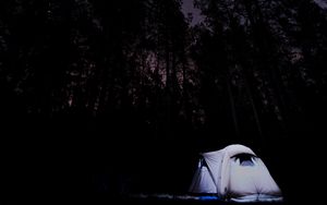 Preview wallpaper tent, starry sky, trees, night, camping