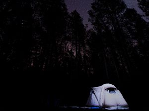 Preview wallpaper tent, starry sky, trees, night, camping