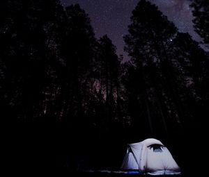 Preview wallpaper tent, starry sky, trees, night, camping