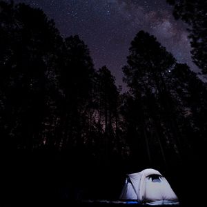 Preview wallpaper tent, starry sky, trees, night, camping