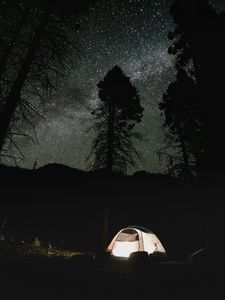 Preview wallpaper tent, trees, silhouettes, night, dark