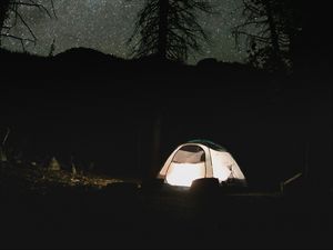 Preview wallpaper tent, trees, silhouettes, night, dark