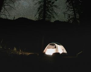Preview wallpaper tent, trees, silhouettes, night, dark