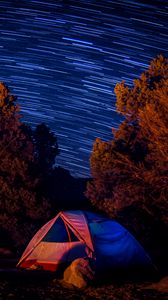 Preview wallpaper tent, trees, starry sky, long exposure, dark