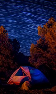 Preview wallpaper tent, trees, starry sky, long exposure, dark