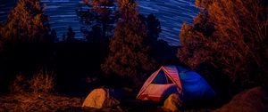 Preview wallpaper tent, trees, starry sky, long exposure, dark