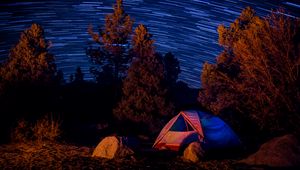 Preview wallpaper tent, trees, starry sky, long exposure, dark