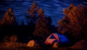 Preview wallpaper tent, trees, starry sky, long exposure, dark