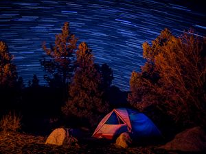 Preview wallpaper tent, trees, starry sky, long exposure, dark