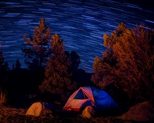 Preview wallpaper tent, trees, starry sky, long exposure, dark