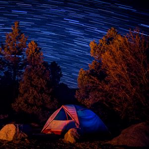 Preview wallpaper tent, trees, starry sky, long exposure, dark