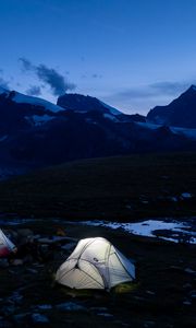 Preview wallpaper tent, twilight, mountains, nature