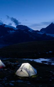 Preview wallpaper tent, twilight, mountains, nature