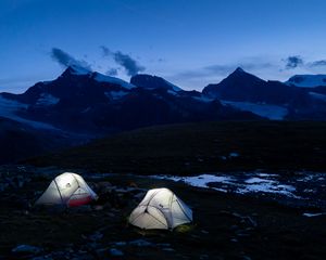 Preview wallpaper tent, twilight, mountains, nature