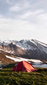 Preview wallpaper tent, valley, grass, mountains, snow