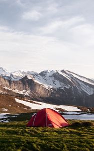 Preview wallpaper tent, valley, grass, mountains, snow