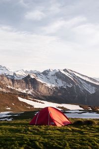 Preview wallpaper tent, valley, grass, mountains, snow