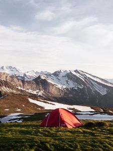 Preview wallpaper tent, valley, grass, mountains, snow