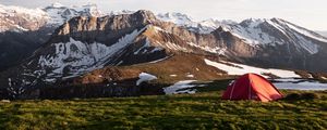 Preview wallpaper tent, valley, grass, mountains, snow