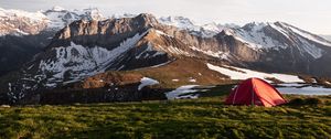 Preview wallpaper tent, valley, grass, mountains, snow