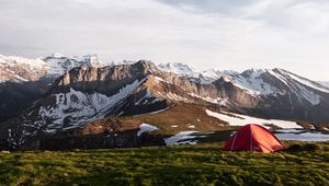Preview wallpaper tent, valley, grass, mountains, snow