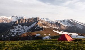 Preview wallpaper tent, valley, grass, mountains, snow