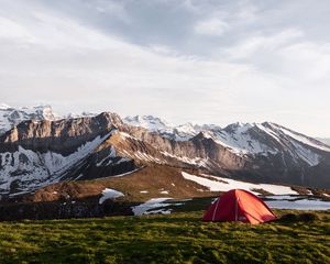 Preview wallpaper tent, valley, grass, mountains, snow