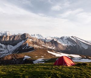 Preview wallpaper tent, valley, grass, mountains, snow