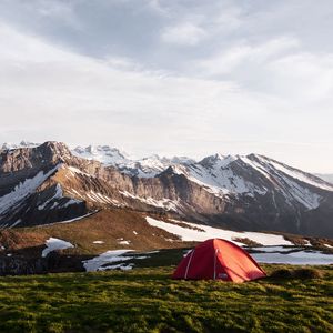 Preview wallpaper tent, valley, grass, mountains, snow