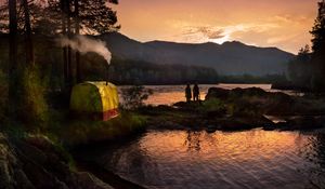 Preview wallpaper tent, wood, lake, girls, silhouettes, mountains, pipe, evening