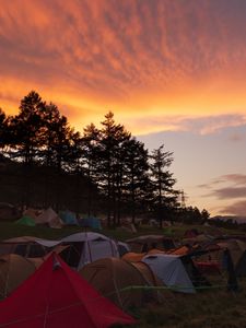 Preview wallpaper tents, camping, tourism, dawn, trees, sky