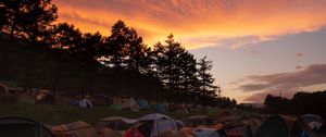 Preview wallpaper tents, camping, tourism, dawn, trees, sky