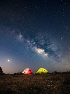 Preview wallpaper tents, glow, starry sky, milky way