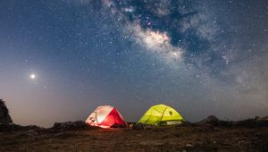 Preview wallpaper tents, glow, starry sky, milky way