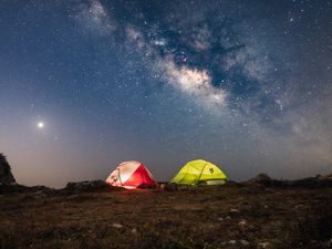 Preview wallpaper tents, glow, starry sky, milky way