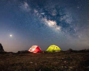 Preview wallpaper tents, glow, starry sky, milky way